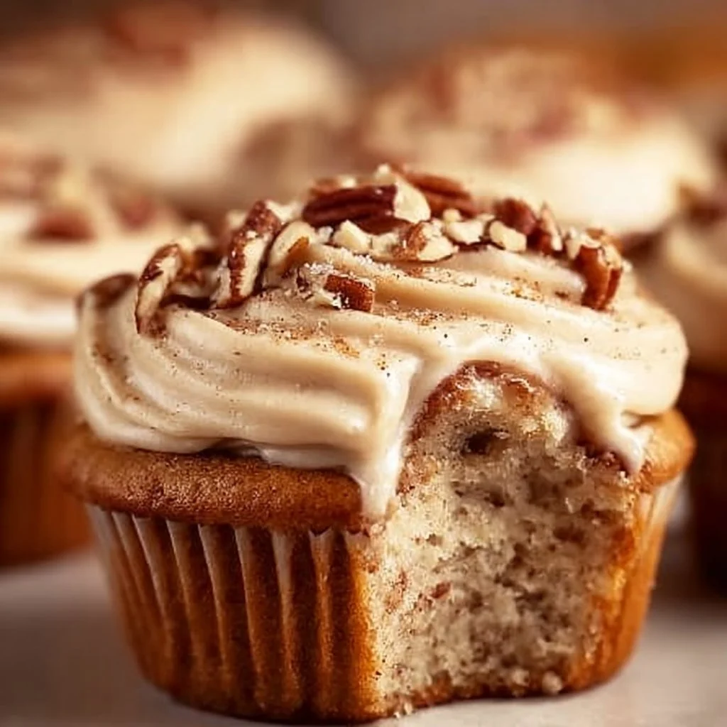 Banana Cinnamon Pecan Cupcakes topped with cream cheese frosting