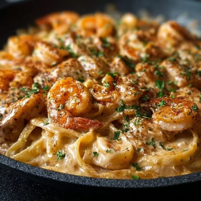Plate of Cajun Chicken and Shrimp Alfredo topped with parsley