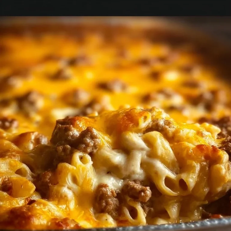 Cheesy Beef and Noodles Skillet served in a pan with melted cheese and noodles