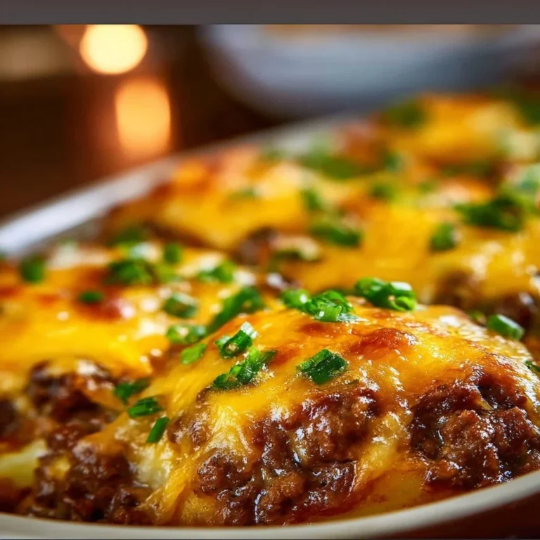 Cheesy beef and potato casserole served in a rustic dish