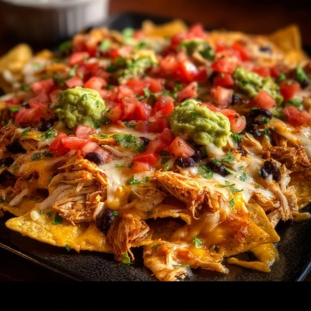 Delicious creamy chicken nachos topped with cheese and jalapeños.