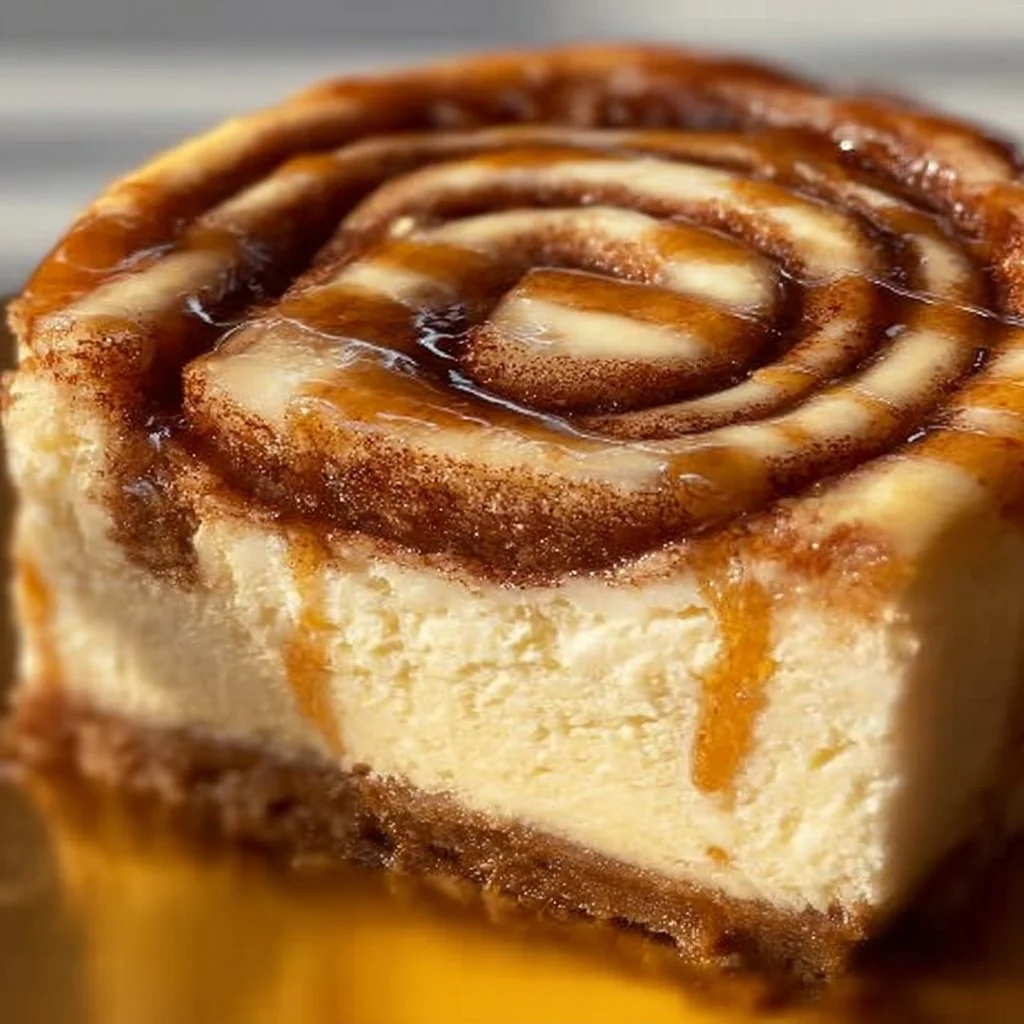 Decadent cinnamon roll cheesecake topped with swirls of cinnamon and cream cheese frosting.