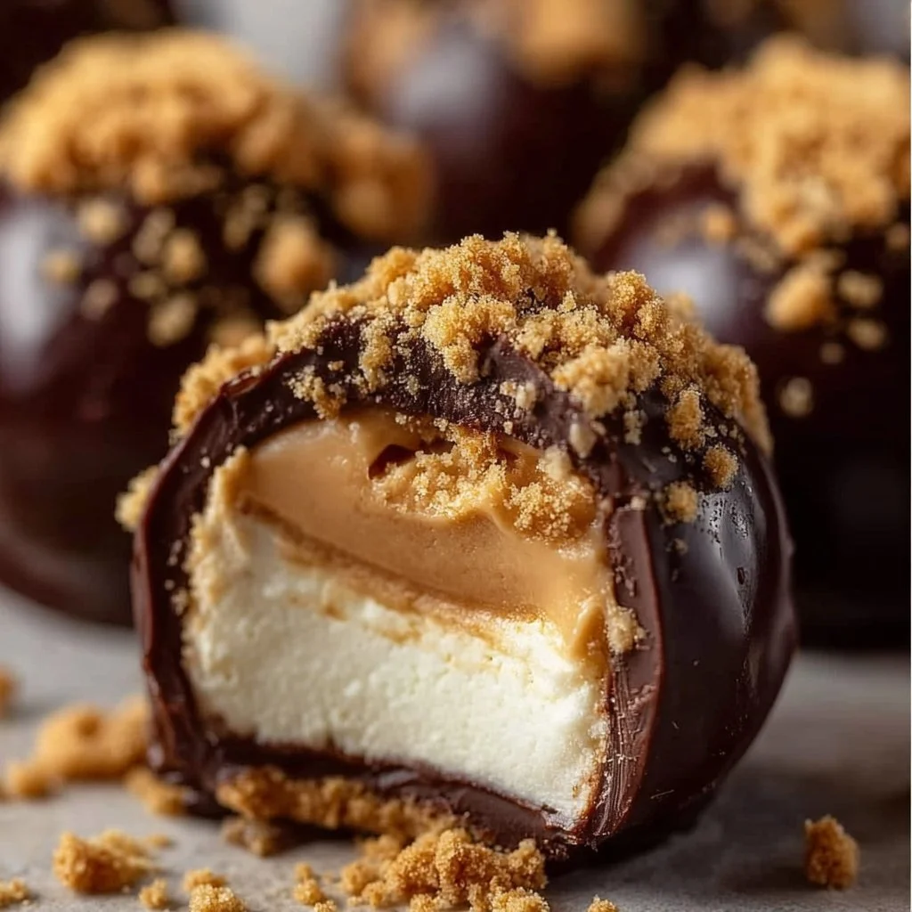 No-bake peanut butter cheesecake balls topped with chocolate drizzle