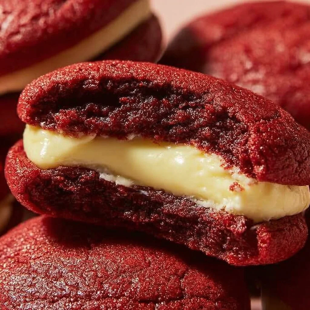 Red velvet cheesecake cookies on a plate, showcasing the creamy filling inside.