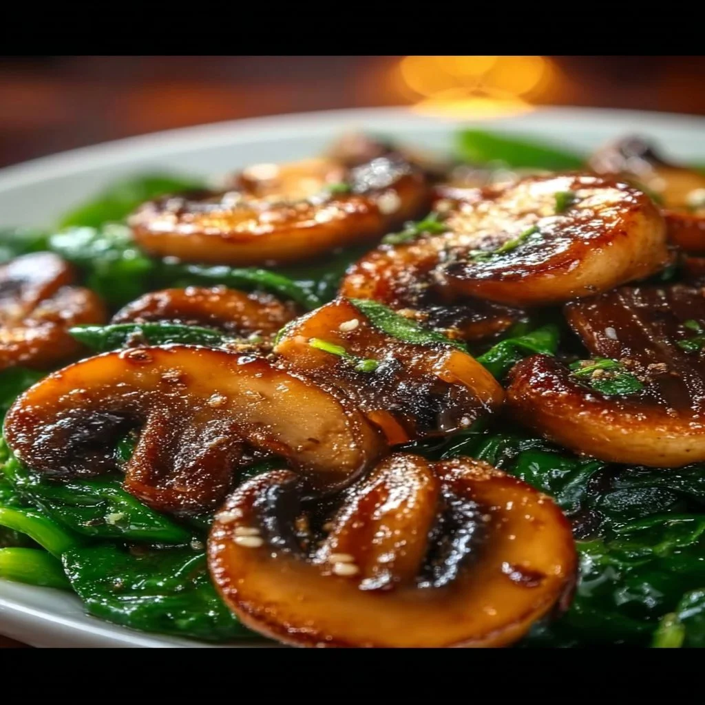 Plate of sautéed mushrooms with fresh spinach garnished with herbs