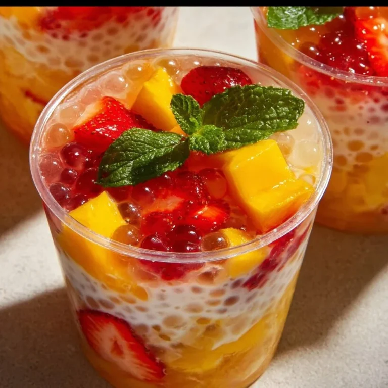 Delicious Strawberry Mango Sago dessert with fresh fruit and tapioca